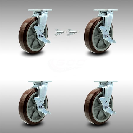 8 Inch SS Polyurethane Caster Set With Ball Bearings 4 Brake 2 Swivel Lock SCC